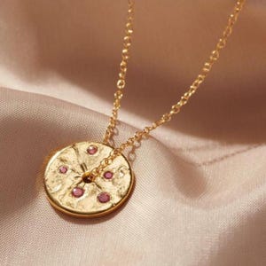 Emerald birthstone pendant in 18 carat gold plated sterling silver, May birthday coin necklace, Real emerald spinner disc, 40th birthday her Pink Tourmaline(Oct)