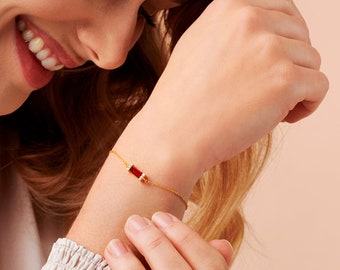 Garnet birthstone bracelet, Gold birthstone baguette bracelet for January birthday, Art deco  bracelet, 18th birthday bracelet best friend