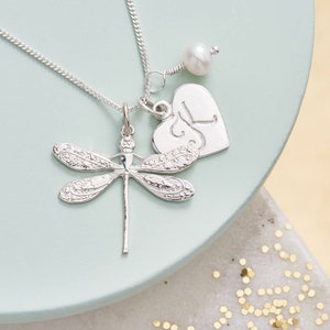 Personalised dragonfly necklace in silver with initial and birthstone, dragonfly initial necklace, Dragonfly gift, silver dragonfly charm