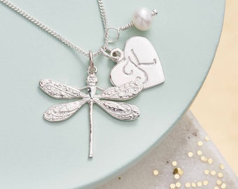 Personalised dragonfly necklace in silver with initial and birthstone, dragonfly initial necklace, Dragonfly gift, silver dragonfly charm