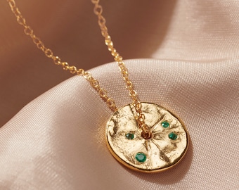 Emerald birthstone pendant in 18 carat gold plated sterling silver, May birthday coin necklace, Real emerald spinner disc, 40th birthday her