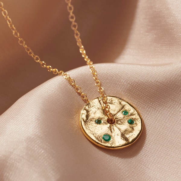 Emerald birthstone pendant in 18 carat gold plated sterling silver, May birthday coin necklace, Real emerald spinner disc, 40th birthday her