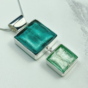 Authentic Murano Glass Double Square Pendant, Real Venetian Glass Emerald Green and Mint Necklace, Emerald Wedding Anniversary Gift Idea