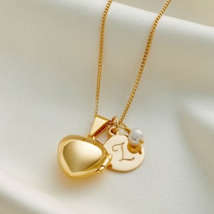 Collar con medallón de corazón personalizado con piedra de nacimiento y dije de inicial, medallón con foto, medallón de corazón dorado, medallón moderno, regalo de San Valentín