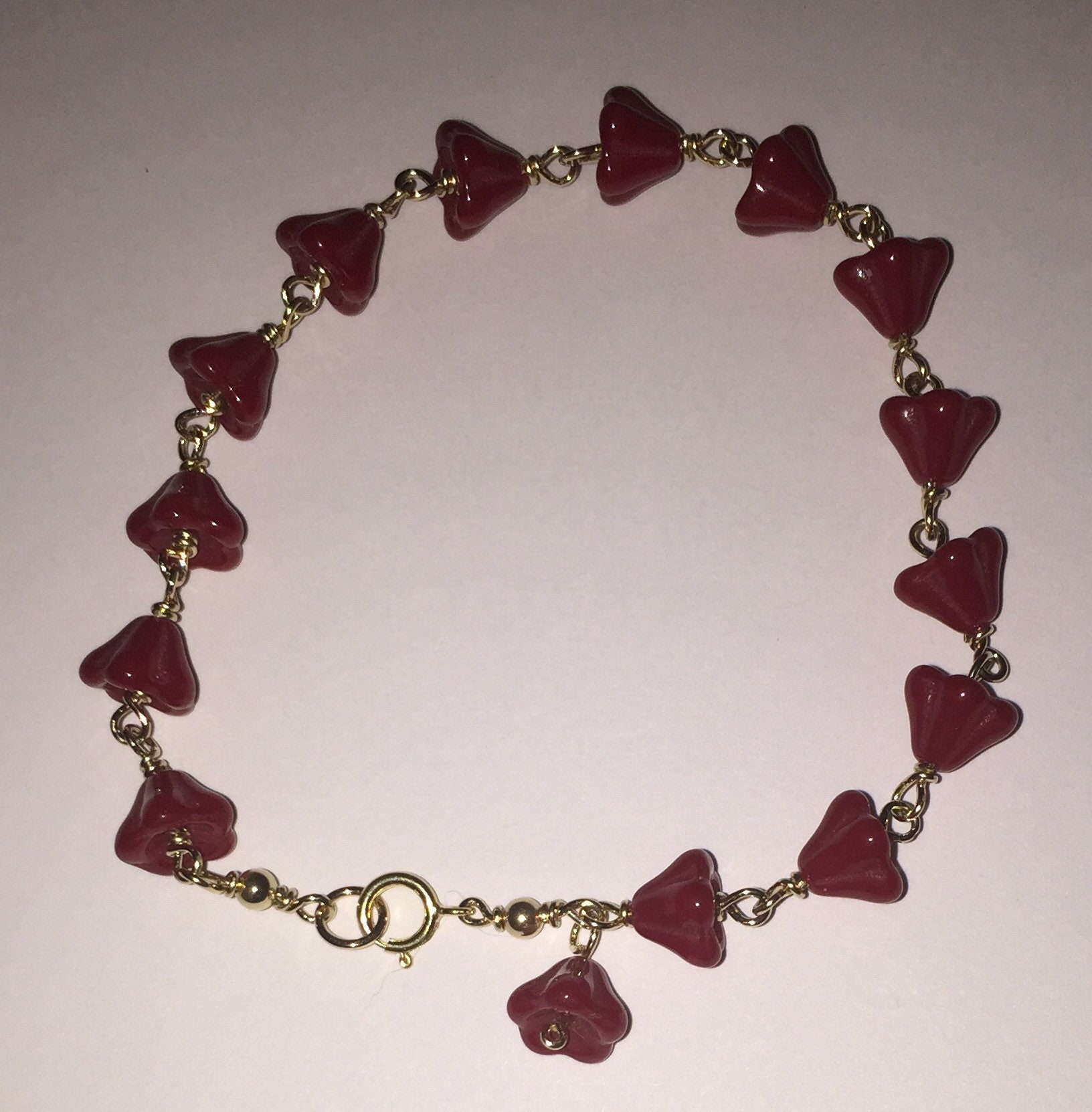 14k Yellow Gold Filled Tulip Bell Flower Czech Glass Beaded Bracelet