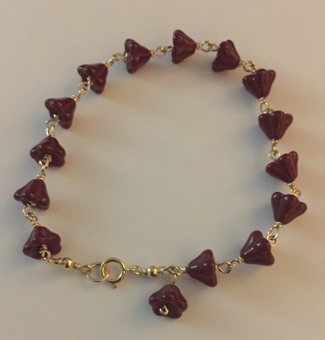 14k Yellow Gold Filled Tulip Bell Flower Czech Glass Beaded Bracelet