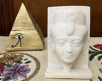 Unique Hatshepsut Bust from Alabaster Stone with Manifest Details , Handmade Egyptian Statue
