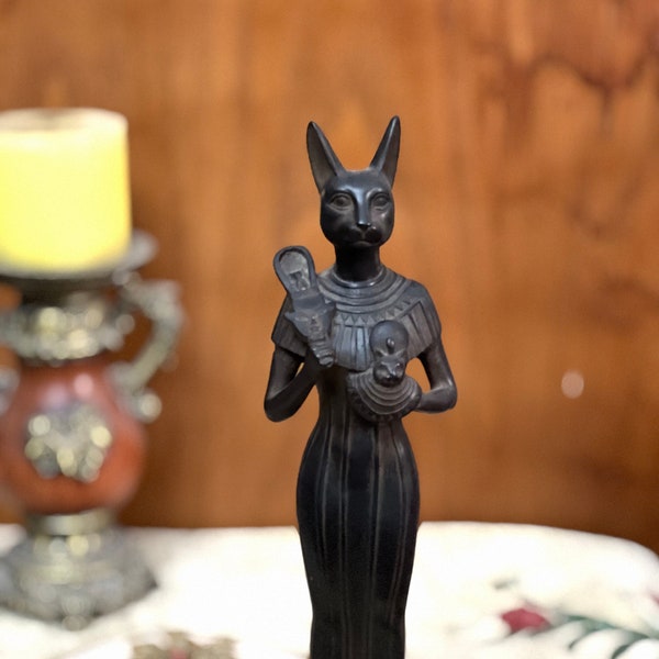 Egyptian Cat Goddess Bastet standing with sistrum from stone , Unique Statue for Egyptian goddess