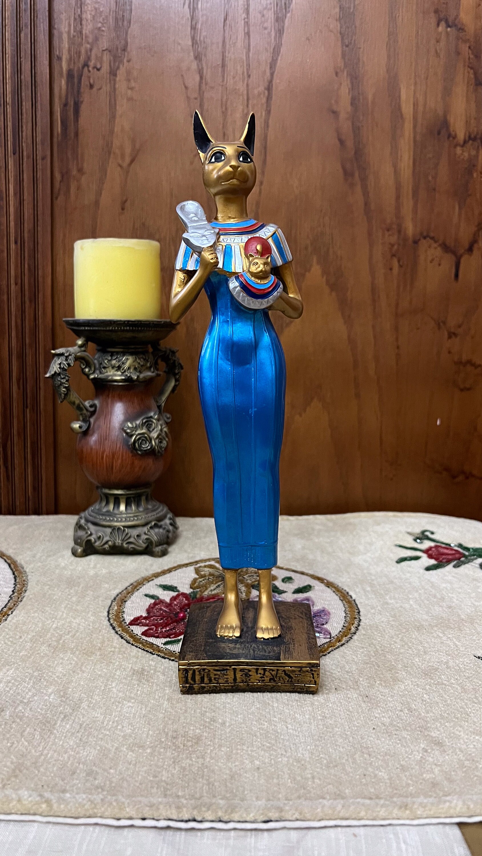 Egyptian Cat Goddess Bastet Standing With Sistrum From Stone , Unique Statue for Egyptian