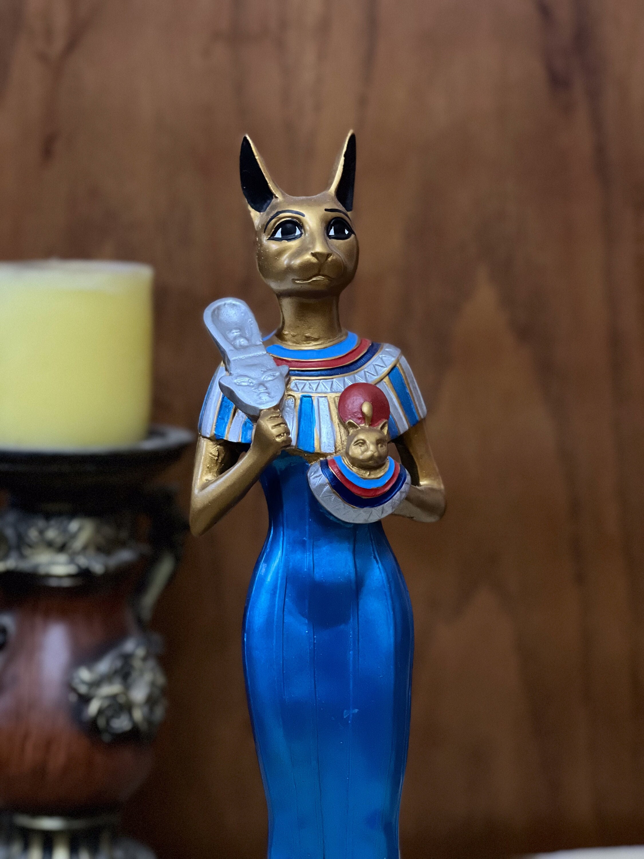Egyptian Cat Goddess Bastet Standing With Sistrum From Stone , Unique Statue for Egyptian