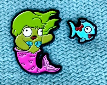 Zombie Mermaid & Fish Enamel Pin Set (Green Hair)