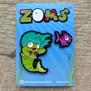 Zombie Mermaid & Fish Enamel Pin Set Teal Hair image 2