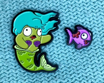 Zombie Mermaid & Fish Enamel Pin Set (Teal Hair)