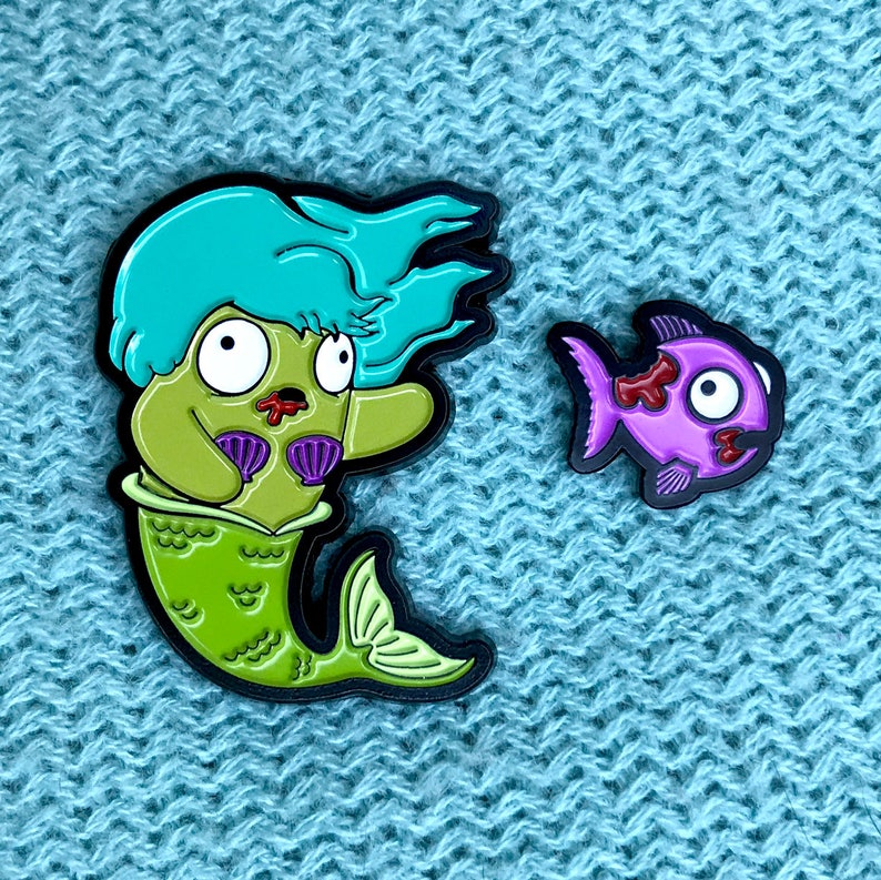 Zombie Mermaid & Fish Enamel Pin Set Teal Hair image 1