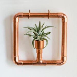 Puede incluir: Un macetero de tubería de cobre con una pequeña planta de aire verde en una maceta de cobre. El macetero es cuadrado y tiene un diseño simple.