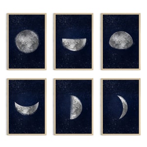 Phases of the Moon Set of 6 Poster Moon Wall Art Perfect Gift for Astronomy Lovers Print Space Wall Universe Poster