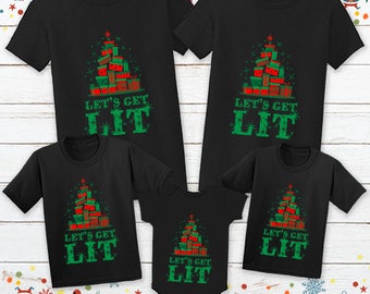 Camicie di Natale per la famiglia - Albero di Natale Tshirt di Natale per abbinare le donne Uomini Kid Toddler Baby - Let's Get Lit Xmas Tree T-Shirt