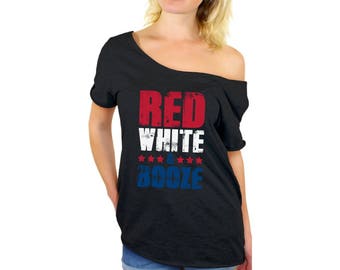 Red White And Booze Off Shoulder Tops T shirt Off shoulder shirt for women USA Flag 4th Of July Party Independence Day USA