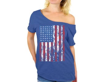 USA Distressed American Flag Off Shoulder Tops T shirts USA Off The Shoulder Shirts USA Flag shirt 4th of July shirt