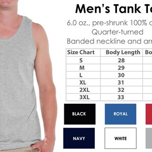 May include: A gray tank top with a banded neckline and armholes. The size chart shows measurements in inches for body length and boy width. The available colors are black, royal, red, navy, white, and gray.