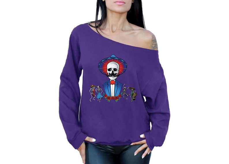 Sweatshirts Off Shoulder Mustache Skull Day of the Dead Tops Gifts