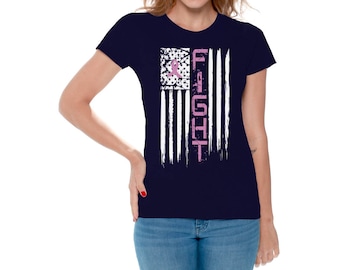 Breast Cancer Shirt T shirts Tops for Women Shirts Tees Fight American Flag Distressed Breast Cancer Awareness Ribbon shirt