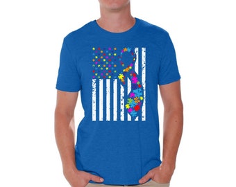 Camisa de autismo Hombre. Camisa de bandera americana de autismo. Regalos de Concienciación sobre el Autismo para Hombres. Cinta de autismo.