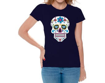 Coloré Skull Shirt Sugar Skull Shirt T shirts Tops pour femmes Chemises Tees Floral Skull Shirt Day of the Dead Chemise cadeau Skull Shirt