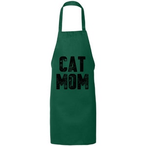 May include: A green apron with the text "CAT MOM" in black lettering.