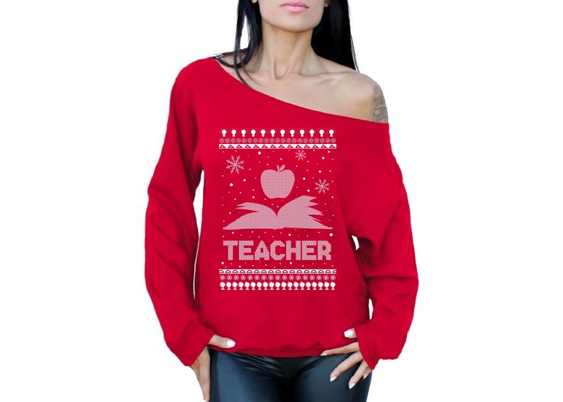 Ugly Christmas Sweatshirt Off Shoulder Xmas Teacher Sweater