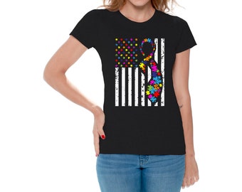 Camisa de Autismo Para Mujer. Camisa de bandera americana de autismo. Regalos de Concienciación sobre el Autismo para Las Mujeres. Cinta de autismo.