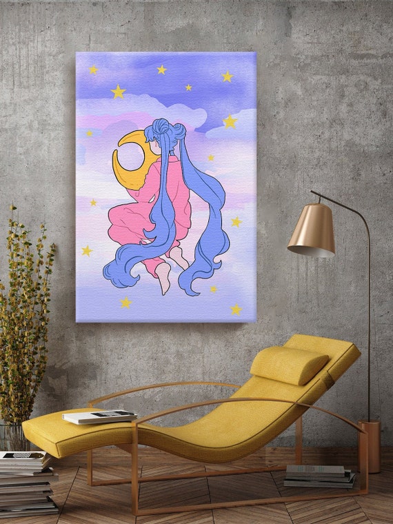 Cute Kawaii Canvas Moon Girl Wall Art for Kids Girls Boys Room Etsy