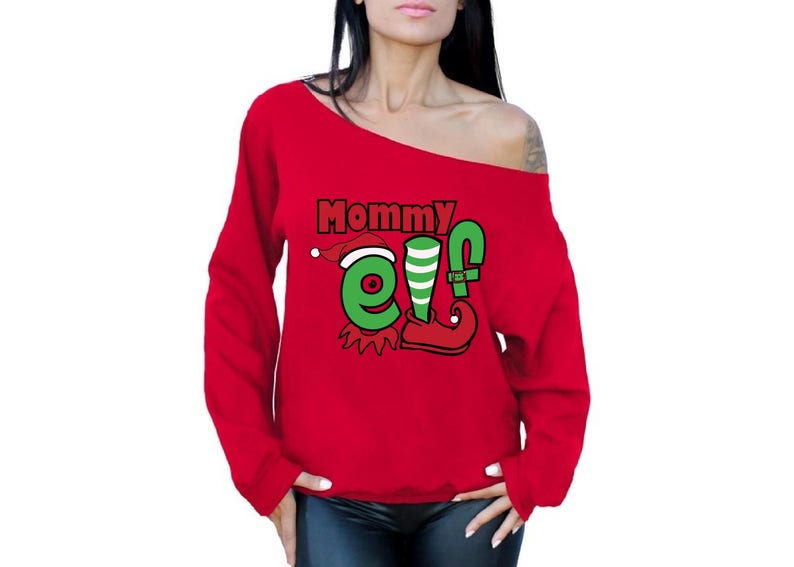 Mommy Elf Holiday Off Shoulder Sweatshirt Tacky Mommy Elf Christmas Off Shoulder Top for Women Xmas Mom Gifts Elf Off Shoulder Top for Her