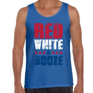 May include: A royal blue sleeveless tank top with a distressed graphic print that reads "Red White & Booze" in red, white, and blue.
