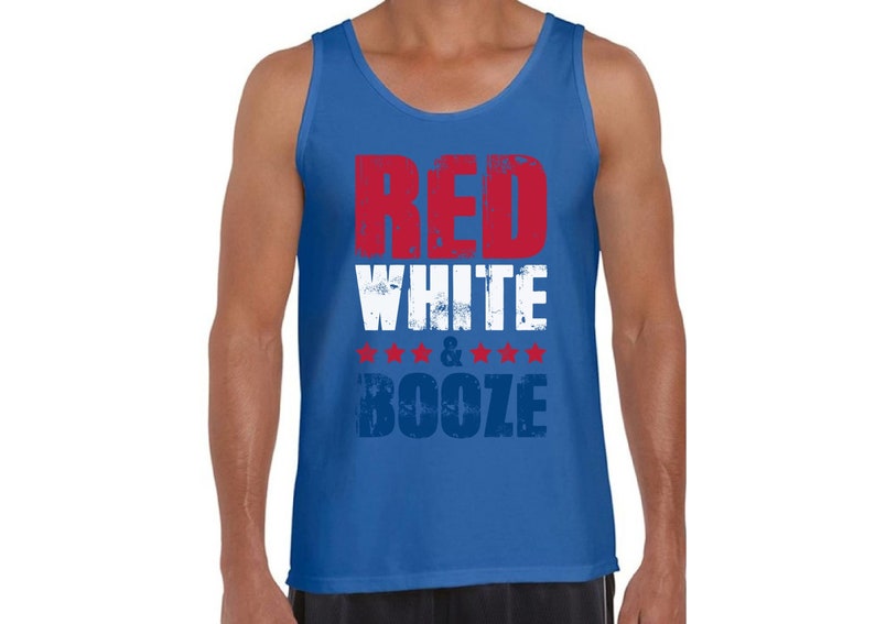 May include: A royal blue sleeveless tank top with a distressed graphic print that reads "Red White & Booze" in red, white, and blue.
