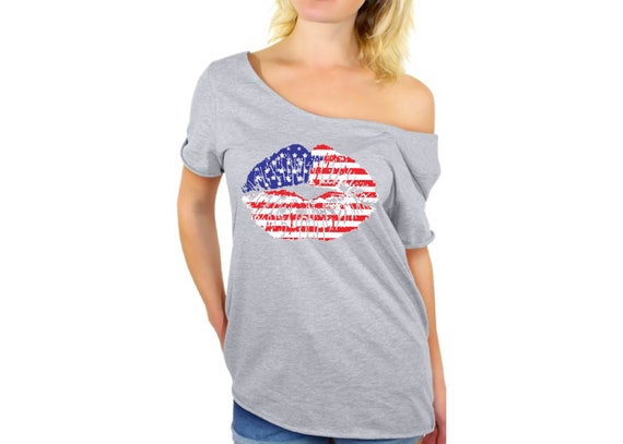 American Flag Lips off Shoulder Shirt. America Shirts for Women