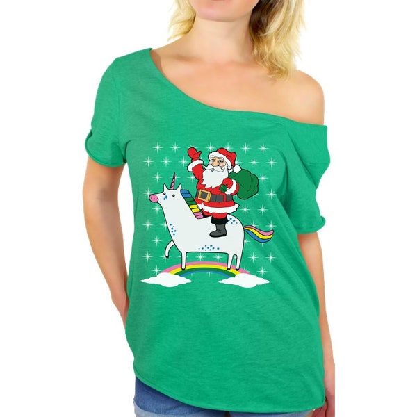 Unicorn Santa Ugly Christmas T Shirt Off The Shoulder. Xmas Tops.