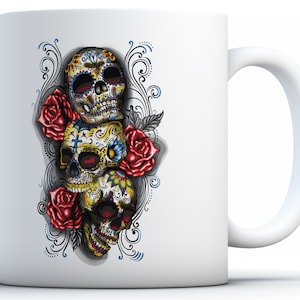 Three Sugar Skull Mugs. Skull Coffee Mug. Skull Gifts Day of the Dead