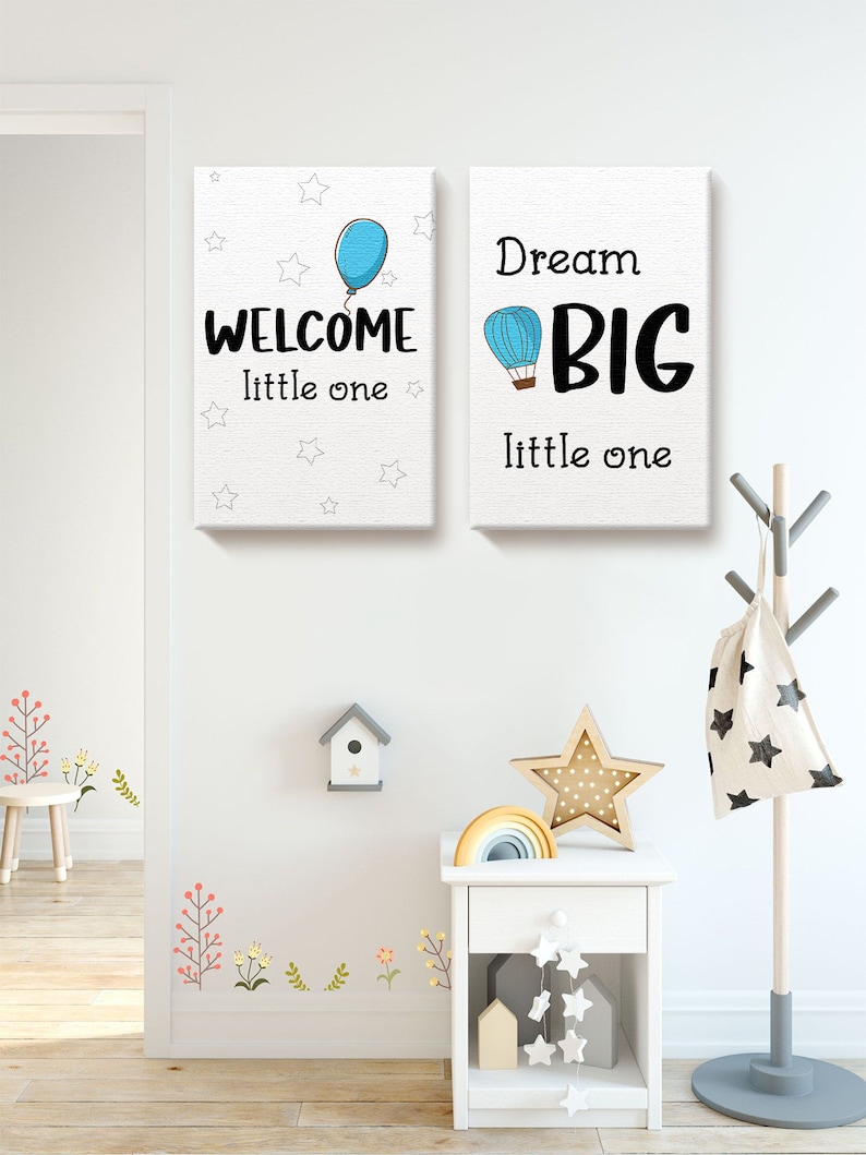 Baby Room Art Baby Boy Room Decor Baby Girl Art Dream Big Quotes Poster Decor Canvas Print for Baby Room Welcome Little One Set of 2.
