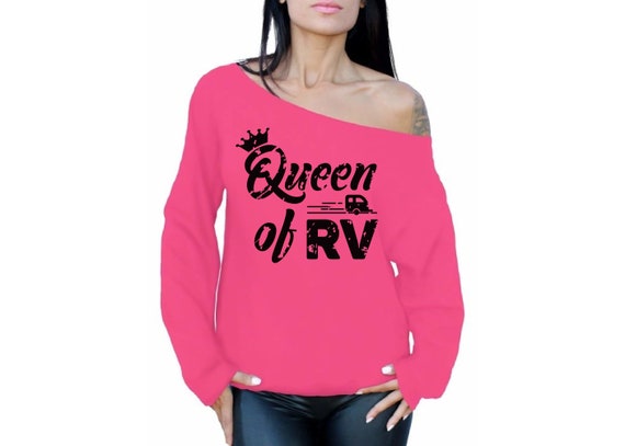 RV Queen off the Shoulder Sweatshirt for Ladies. RV off Shoulder Sweater.  RV Clothing for Campers. Camping Lovers. Camper Sweater for Queen. 