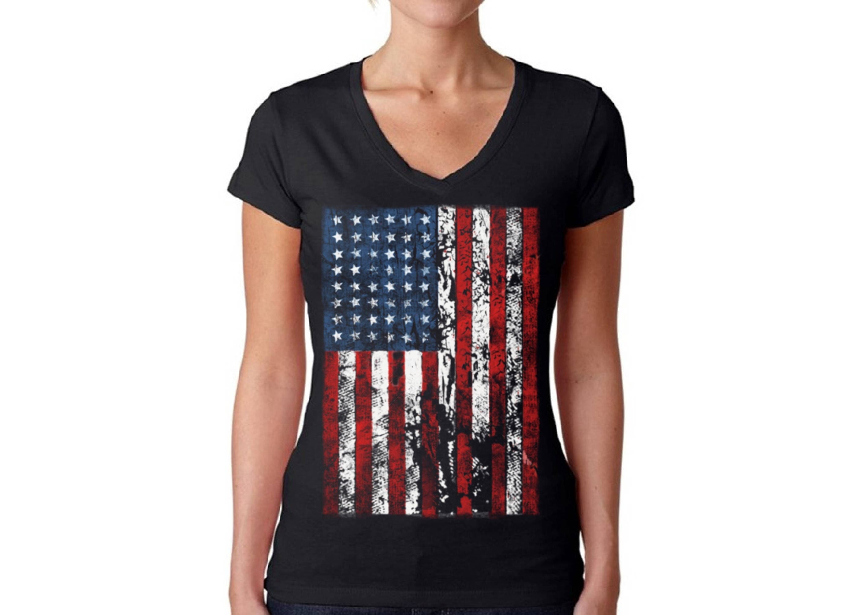 USA Distressed American Flag V-neck T shirts Tops USA Women's Shirts USA Flag shirt 4th of July shirt