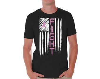 Fight Breast Cancer Tshirt. American Flag Shirt. Breast Cancer Awareness Shirts for Men.