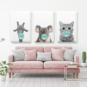 Koala Painting. Koala with Pink Gum Wall Art. Canvas Decor. Canvas Set of 3. Cat Blowing Bubble Gum. Art Lovers Gifts. Cat Canvas Wall Art.