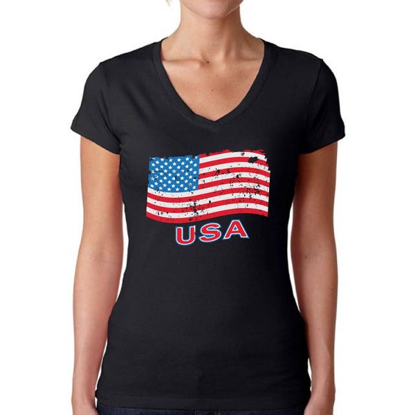 USA Vintage Flag V-neck T shirts Tops USA Women's Shirts Distressed Flag shirt USA Flag Fourth of July shirt