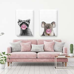 Raccoon and Koala Chewing Bubble Gum. Kids Room Decor. Koala with Pink Gum Canvas. Animal Wall Art. Raccoon Canvas Painting. Print Set of 2.