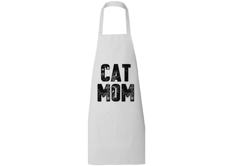 May include: White apron with black text that reads "CAT MOM" in a distressed font.