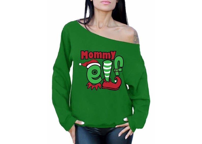 Mommy Elf Holiday Off Shoulder Sweatshirt Tacky Mommy Elf Christmas Off Shoulder Top for Women Xmas Mom Gifts Elf Off Shoulder Top for Her