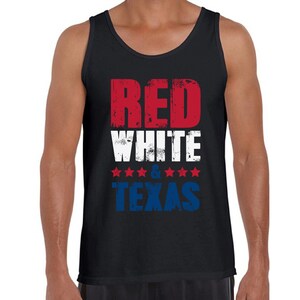 May include: Black tank top with a distressed red, white, and blue graphic that says "Red White & Texas".