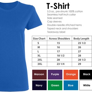 May include: A size chart for a t-shirt with measurements in inches. The chart shows the size, across shoulders, body length, and body width. The t-shirt is available in 10 colors: maroon, purple, orange, black, charcoal, navy, green, blue, white, and grey.