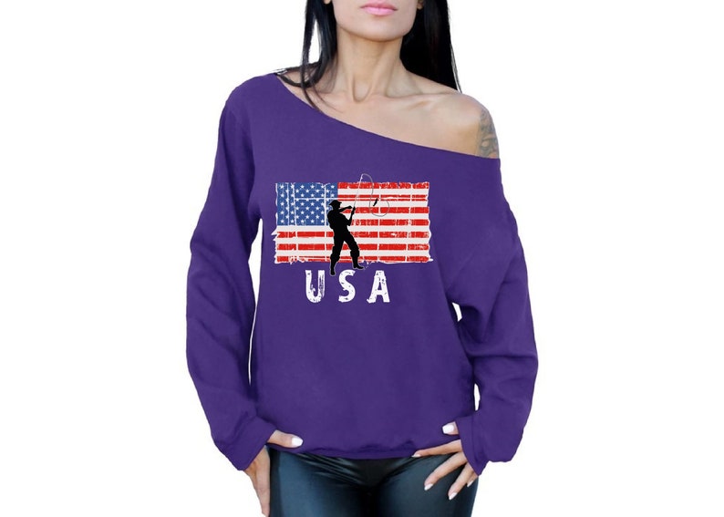 Love USA Pro America Sweater for Women Fishing USA Off Shoulder Sweatshirt USA Flag.
